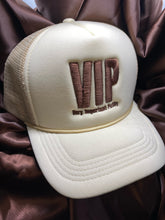 Load image into Gallery viewer, VIP Very Important Pussy Beige Trucker Hat with Brown writing