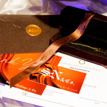 Load image into Gallery viewer, chocolate velvet box, velvet envelope, gold wax seal, good pussy anklet