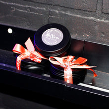 Load image into Gallery viewer, 2 ounce massage candle, arousal candle, ribbon candle, black candle tin
