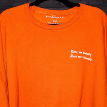 Load image into Gallery viewer, rust orange crewneck love me tenderly fuck me viciously come for me sensual old english font