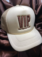 Load image into Gallery viewer, VIP Very Important Pussy Beige Trucker Hat with Brown writing
