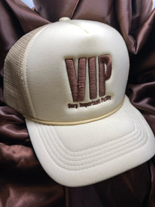 VIP Very Important Pussy Beige Trucker Hat with Brown writing