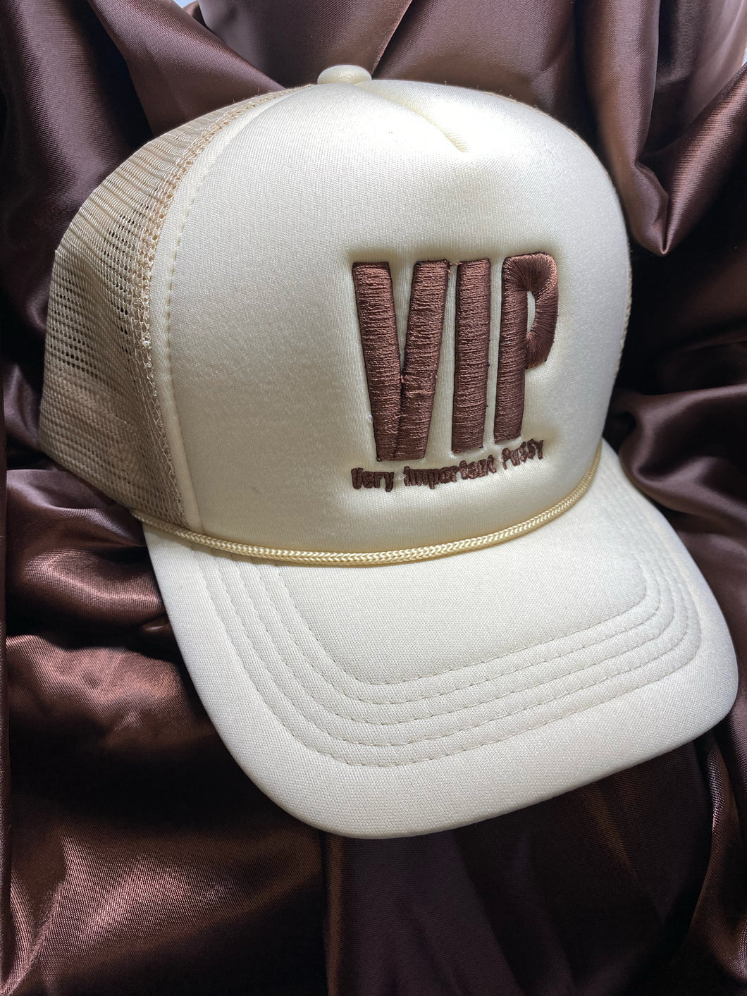 VIP Very Important Pussy Beige Trucker Hat with Brown writing