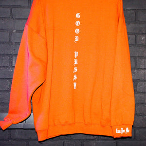 Good Pussy old english font down the spine rust orange crewneck sweater